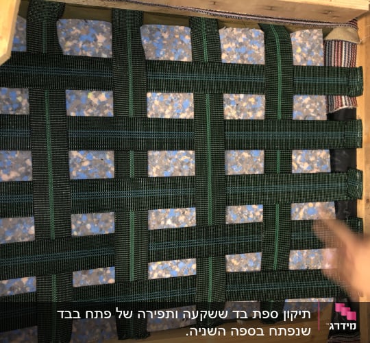 רצועות ירוקות שזורות על גבי ריפוד כחול